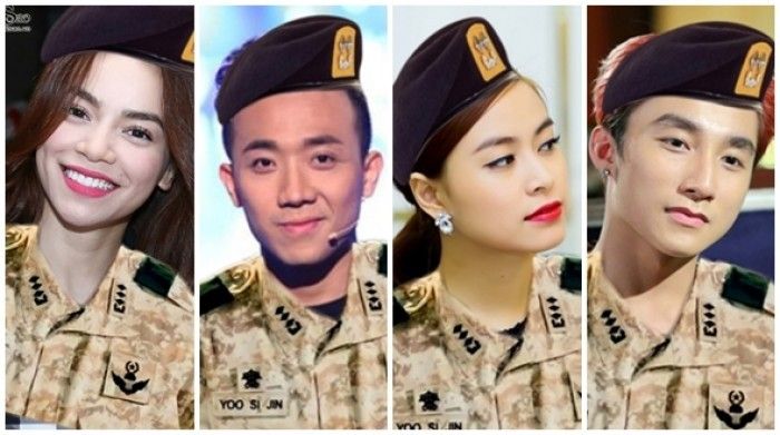 Nhiều nhân vật của làng giải trí Việt (Hồ Ngọc Hà, Trấn Thành, Hoàng Thùy Linh, Sơn Tùng – MTP) trong quân phục Hàn Quốc.